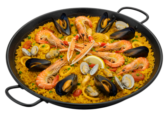 Delicious seafood paella with shrimp mussels and lemon slices in a black skillet