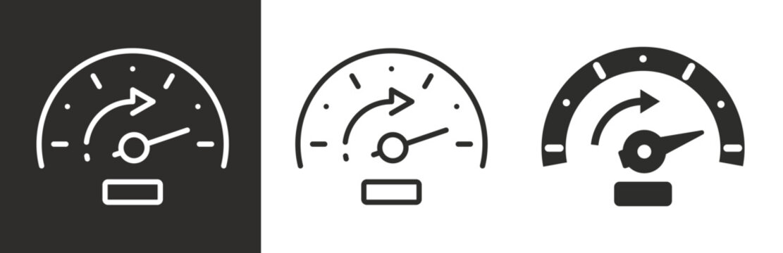 flat and linear set icons, fast odometer, accelerate icon, chronometer, guage time, simple symbols on white and black background - editable stroke vector illustration
