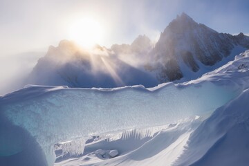 Majestic mountain peaks bathed in golden sunlight and snow
