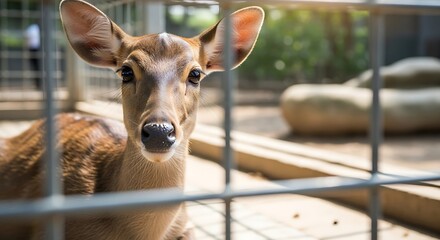 Gentle gaze of a young fawn behind bars offering a poignant reflection on captivity and wildlife