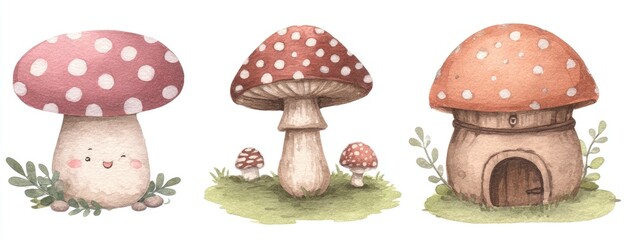 Cute mushroom houses and mushrooms