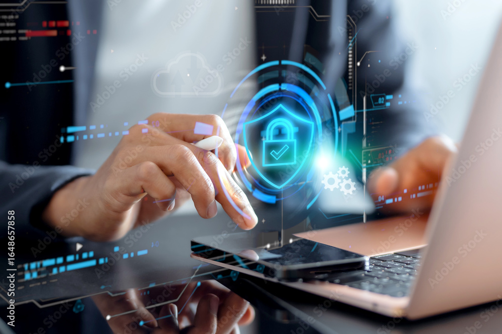 Fototapete lock mark cybersecurity internet, protect attacks from a hacker. concept of password privacy on an o