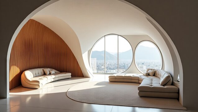 Modern living room with curved sectional sofa and large windows. - Powered by Adobe