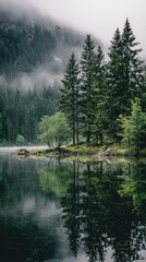 Naklejka premium Misty mountain lake reflecting trees