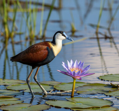 African Jacana Bird Walking on Lily Pads Beside a Purple Water Lily