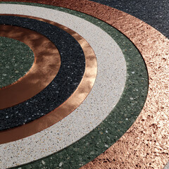 Bauhaus spiral crest with terrazzo textures and metallic copper