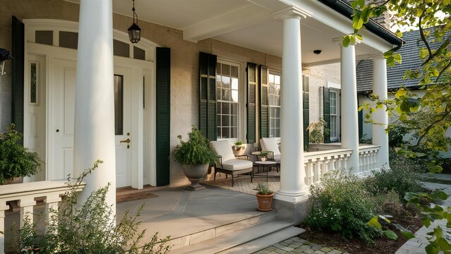 Charming victorian home with a welcoming wraparound porch and lush greenery - Powered by Adobe