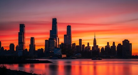 Obraz premium Dramatic New York City skyline at sunset reflects in Hudson River waters