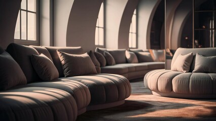 Luxurious curved sectional sofa in a sunlit room with arched windows