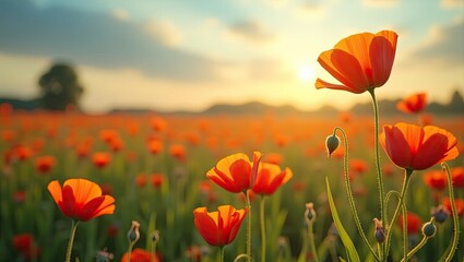 Obraz premium Vibrant poppies in a field at sunset.