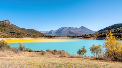 Obraz premium Visually striking product photography, commercial poster of a colorful lake, balanced composition with ample copy space for text, advertising background, vivid yellow lake with a distant mountain