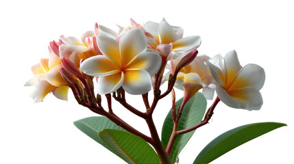 Fototapeta premium Plumeria Bloom's: A close-up capture of delicate plumeria flowers, revealing their exquisite details, soft pastel colors, and serene nature, set against a clean backdrop.