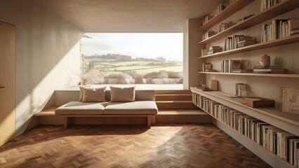 Cozy reading nook with large window and built in bookshelves