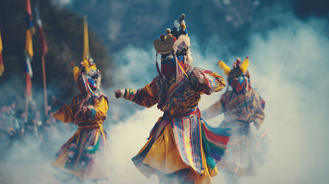 Colorful Cham Dancers in Smoke-Filled Street Performing Sacred Ritual at Tawang Festival in Arunachal Pradesh, India