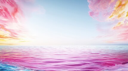 Visually striking product photography, commercial poster of a colorful lake, balanced composition with ample copy space for text, advertising background, magenta waters reflecting a twilight sky
