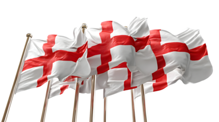A group of england flags waving in the wind against a black background on a sunny day outside