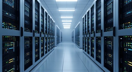 Digital backbone of the modern world A high-tech corridor within a state-of-the-art data center, showcasing rows of glowing server racks.