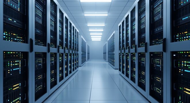 Digital backbone of the modern world A high-tech corridor within a state-of-the-art data center, showcasing rows of glowing server racks.