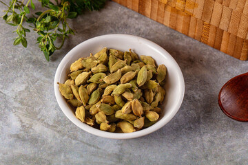 Green dry cardamom heap spices aroma