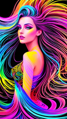 Vibrant Neon Fantasy Art of Woman with Flowing Rainbow Hair