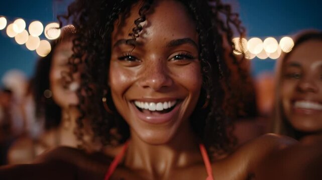Young Black woman smiling joyfully with friends at a vibrant summer outdoor gathering in the evening - Powered by Adobe
