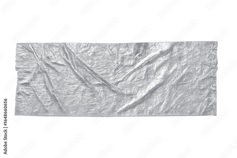 Poster crumpled silver foil reflecting light, creating dynamic metallic texture against transparent backgro