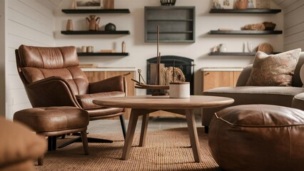 Cozy living room with leather armchair and rustic coffee table