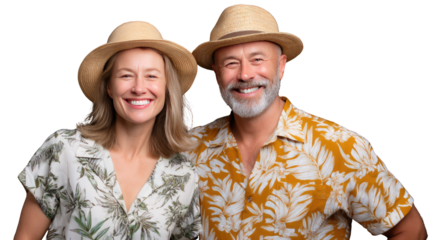 Radiant Duo in Summer Attire: A cheerful, elderly couple, adorned in matching straw hats and bright floral shirts, stands together, radiating smiles and the joy of shared moments under the warm sun.