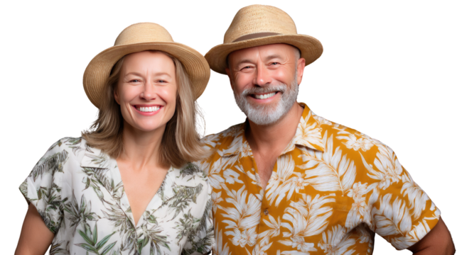 Radiant Duo in Summer Attire: A cheerful, elderly couple, adorned in matching straw hats and bright floral shirts, stands together, radiating smiles and the joy of shared moments under the warm sun.