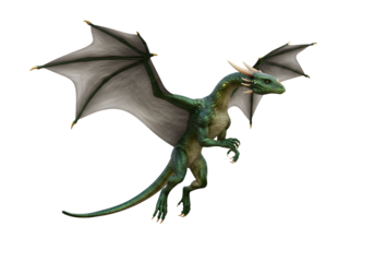 Detailed 3D rendered dragon with leathery wings and green scales flying against a black background