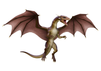 Detailed 3D rendering of a fierce mythological dragon with expansive wings and sharp teeth on a