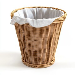 3D rendering of a woven rattan laundry basket with a fabric liner, 