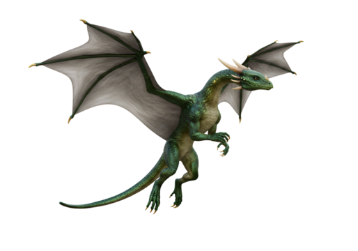 Detailed 3D rendered dragon with leathery wings and green scales flying against a black background
