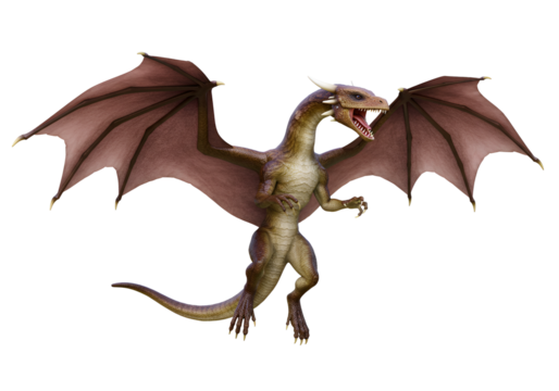Detailed 3D rendering of a fierce mythological dragon with expansive wings and sharp teeth on a
