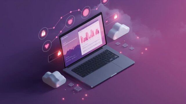 Dynamic isometric illustration depicts online banking through a laptop with secured cloud storage, showcasing financial data visualizations.