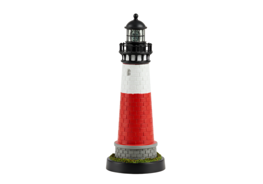 Detailed miniature lighthouse model with red and white stripes and a black lantern on a black