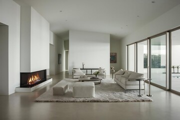 Fototapeta premium Modern minimalist living room with fireplace and large windows