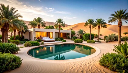 砂漠に現れた、プール付きの豪華なプライベートヴィラGenerated image