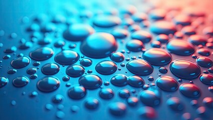 Close-up view of water droplets on a surface, illuminated by vibrant blue and red light.