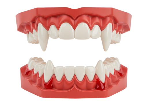 Digital model of a vampire fanged mouth with sharp teeth and gums for horror or halloween themes