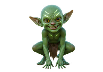 Digital rendering of a mischievous goblin creature with green skin and pointed ears
