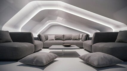 Fototapeta premium Modern living room with curved ceiling and ambient lighting