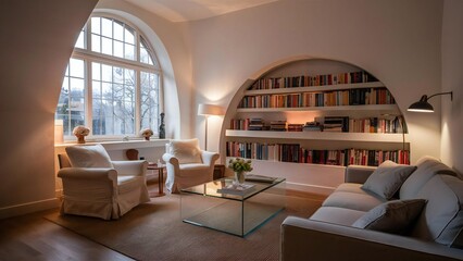 Cozy living room with arched window and built in bookshelf