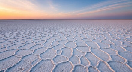 Hexagonal Salt Flats Under a Pastel Sunset Sky, Vast Natural Texture