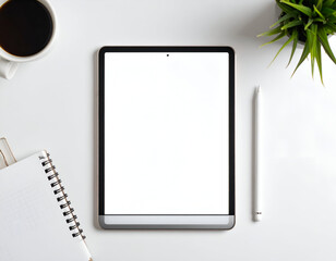 Firefly A blank mock-up of a digital planner app on a tablet with a stylus, aerial view, minimalist design