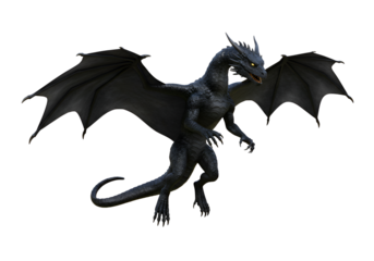 Dramatic black dragon with detailed wings and fierce expression in dark background