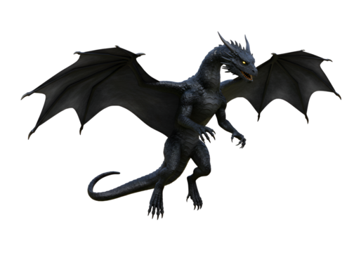 Dramatic black dragon with detailed wings and fierce expression in dark background