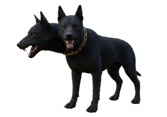 Dual-headed black dog with golden chain showing two snarling expressions isolated on black