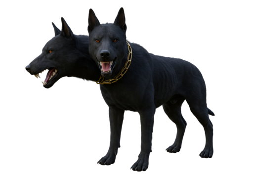 Dual-headed black dog with golden chain showing two snarling expressions isolated on black