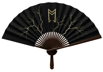 Dynamic black folding fan with lightning bolt design and minimalistic symbol